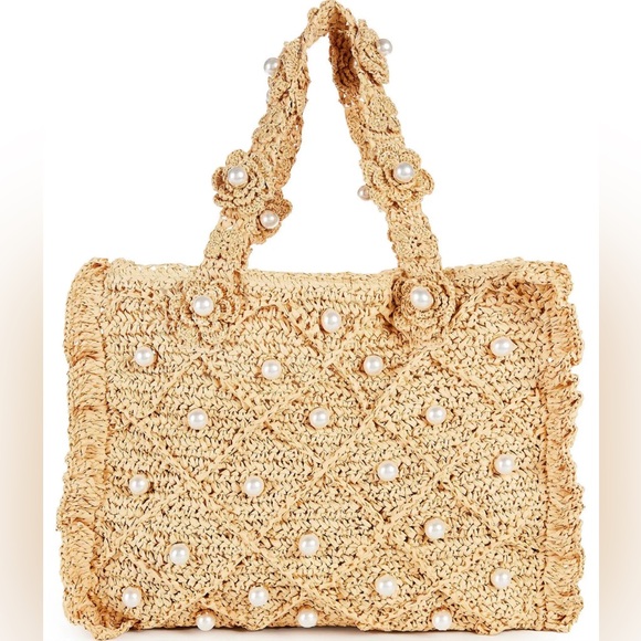 BTB Los Angeles Handbags - BTS Los Angeles Large tan straw tote with pearls. 🫶🏼